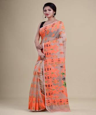 OFF-WHITE,ORANGE & GREEN  DHAKAI JAMDANI  Hand Woven Cotton silk  Handloom   Saree. 5