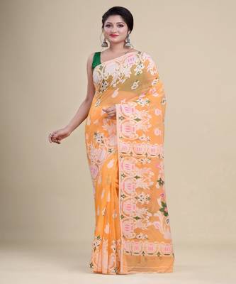 ORANGE,WHITE & GREEN  DHAKAI JAMDANI  Hand Woven Cotton silk  Handloom   Saree. 1