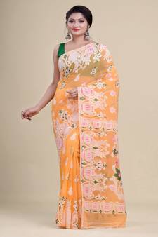 ORANGE,WHITE & GREEN  DHAKAI JAMDANI  Hand Woven Cotton silk  Handloom   Saree.