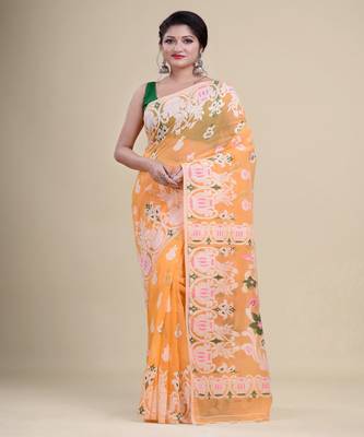 ORANGE,WHITE & GREEN  DHAKAI JAMDANI  Hand Woven Cotton silk  Handloom   Saree. 3