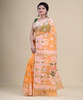 ORANGE,WHITE & GREEN  DHAKAI JAMDANI  Hand Woven Cotton silk  Handloom   Saree. 5
