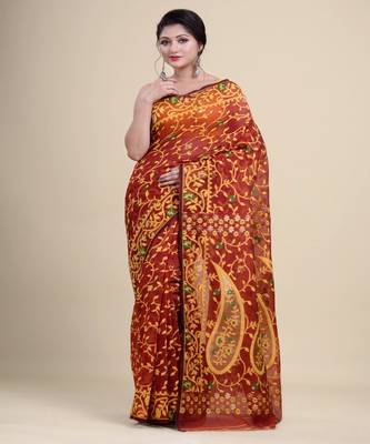 MAROON & YELLOW  DHAKAI JAMDANI  Hand Woven Tant silk  Handloom   Saree. 1