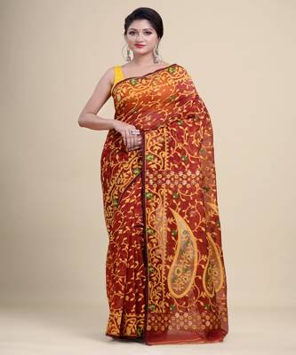 MAROON & YELLOW  DHAKAI JAMDANI  Hand Woven Tant silk  Handloom   Saree. 3