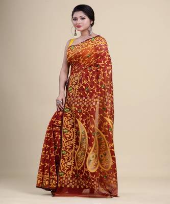 MAROON & YELLOW  DHAKAI JAMDANI  Hand Woven Tant silk  Handloom   Saree. 5