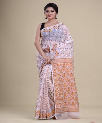 WHITE & BROWN  DHAKAI JAMDANI  Hand Woven Cotton silk  Handloom   Saree. 1