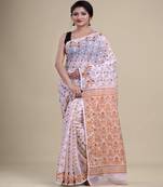 WHITE & BROWN  DHAKAI JAMDANI  Hand Woven Cotton silk  Handloom   Saree.