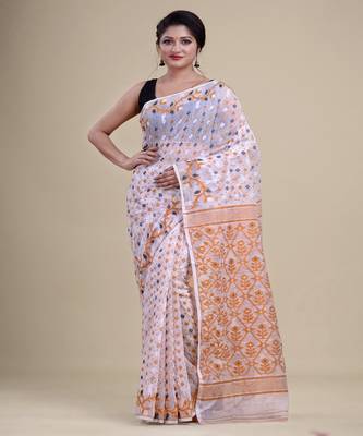 WHITE & BROWN  DHAKAI JAMDANI  Hand Woven Cotton silk  Handloom   Saree. 3