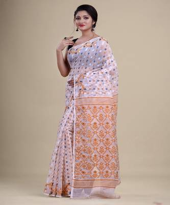 WHITE & BROWN  DHAKAI JAMDANI  Hand Woven Cotton silk  Handloom   Saree. 5