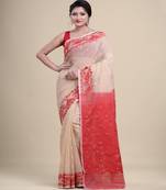 OFF-WHITE & RED  DHAKAI JAMDANI  Hand Woven Cotton silk  Handloom   Saree.