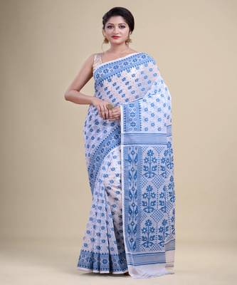 White & Blue Dhakai Jamdani Hand Woven Cotton Silk Handloom Saree. Without Blouse 1