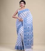 White & Blue Dhakai Jamdani Hand Woven Cotton Silk Handloom Saree. Without Blouse