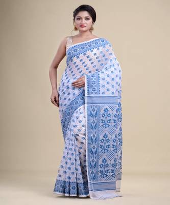 White & Blue Dhakai Jamdani Hand Woven Cotton Silk Handloom Saree. Without Blouse 3