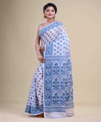 White & Blue Dhakai Jamdani Hand Woven Cotton Silk Handloom Saree. Without Blouse 5