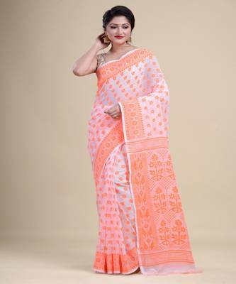 White & Orange Dhakai Jamdani Hand Woven Cotton Silk Handloom Saree. Without Blouse 1