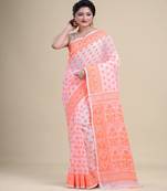 White & Orange Dhakai Jamdani Hand Woven Cotton Silk Handloom Saree. Without Blouse