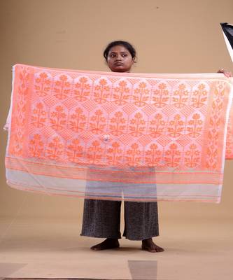 White & Orange Dhakai Jamdani Hand Woven Cotton Silk Handloom Saree. Without Blouse 2