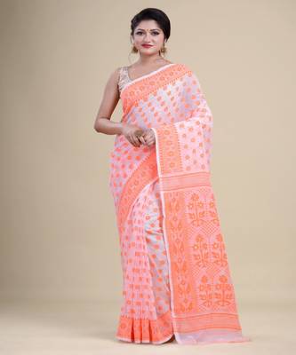 White & Orange Dhakai Jamdani Hand Woven Cotton Silk Handloom Saree. Without Blouse 3
