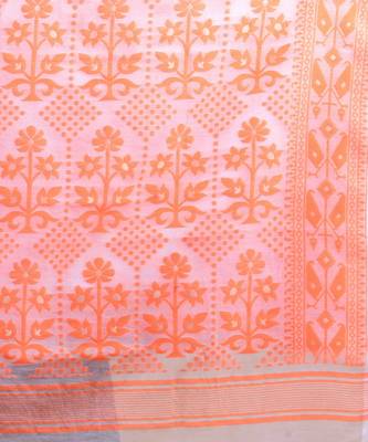 White & Orange Dhakai Jamdani Hand Woven Cotton Silk Handloom Saree. Without Blouse 4