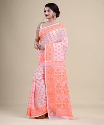 White & Orange Dhakai Jamdani Hand Woven Cotton Silk Handloom Saree. Without Blouse 5