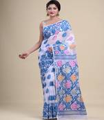 WHITE & BLUE  DHAKAI JAMDANI  Hand Woven Cotton silk  Handloom   Saree.