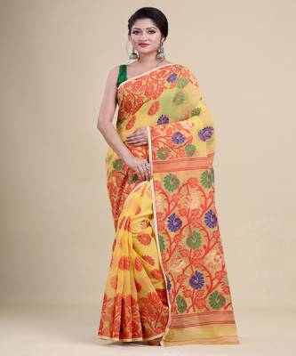 YELLOW &  RED  DHAKAI JAMDANI  Hand Woven Cotton silk  Handloom   Saree. 1