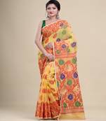 YELLOW &  RED  DHAKAI JAMDANI  Hand Woven Cotton silk  Handloom   Saree.