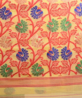 YELLOW &  RED  DHAKAI JAMDANI  Hand Woven Cotton silk  Handloom   Saree. 2
