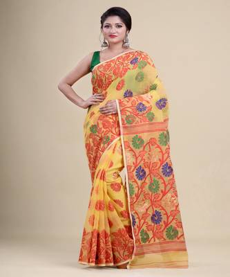 YELLOW &  RED  DHAKAI JAMDANI  Hand Woven Cotton silk  Handloom   Saree. 3