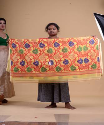 YELLOW &  RED  DHAKAI JAMDANI  Hand Woven Cotton silk  Handloom   Saree. 4