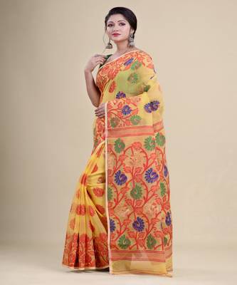YELLOW &  RED  DHAKAI JAMDANI  Hand Woven Cotton silk  Handloom   Saree. 5
