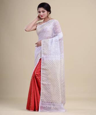 WHITE,RED & GOLDEN  DHAKAI JAMDANI  Hand Woven Tant silk  Handloom   Saree. 1