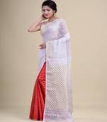 WHITE,RED & GOLDEN  DHAKAI JAMDANI  Hand Woven Tant silk  Handloom   Saree.