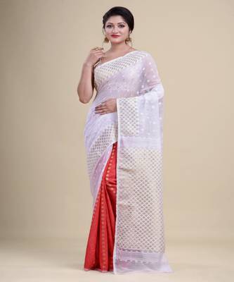 WHITE,RED & GOLDEN  DHAKAI JAMDANI  Hand Woven Tant silk  Handloom   Saree. 3