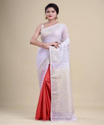 WHITE,RED & GOLDEN  DHAKAI JAMDANI  Hand Woven Tant silk  Handloom   Saree. 4