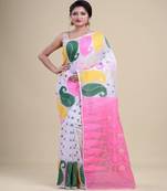 WHITE,PINK& MULTI  DHAKAI JAMDANI  Hand Woven Cotton silk  Handloom   Saree.