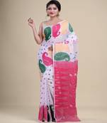 WHITE & PINK  DHAKAI JAMDANI  Hand Woven Cotton silk  Handloom   Saree.
