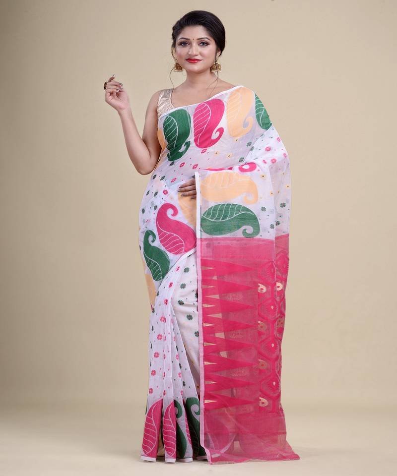 WHITE & PINK  DHAKAI JAMDANI  Hand Woven Cotton silk  Handloom   Saree.