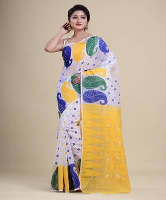 WHITE,YELLOW & BLUE  DHAKAI JAMDANI  Hand Woven Cotton silk  Handloom   Saree. 1