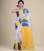 WHITE,YELLOW & BLUE  DHAKAI JAMDANI  Hand Woven Cotton silk  Handloom   Saree.
