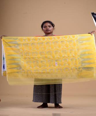 WHITE,YELLOW & BLUE  DHAKAI JAMDANI  Hand Woven Cotton silk  Handloom   Saree. 2