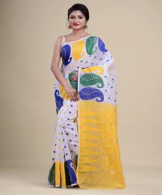 WHITE,YELLOW & BLUE  DHAKAI JAMDANI  Hand Woven Cotton silk  Handloom   Saree. 3