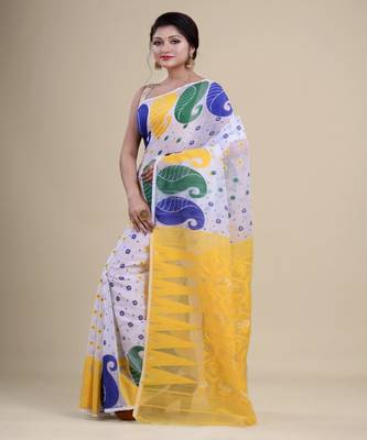 WHITE,YELLOW & BLUE  DHAKAI JAMDANI  Hand Woven Cotton silk  Handloom   Saree. 5
