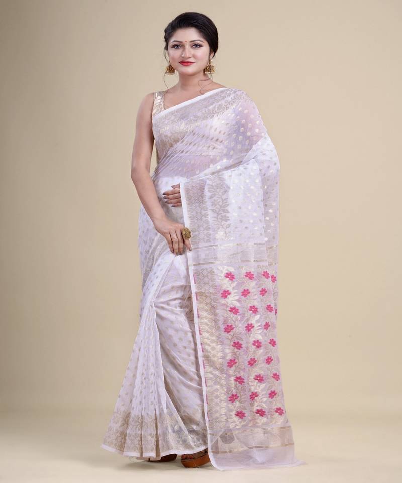 WHITE,PINK & GOLDEN  DHAKAI JAMDANI  Hand Woven Cotton silk  Handloom   Saree.