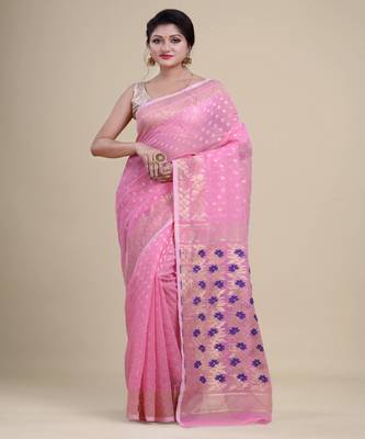 PINK & BLUE  DHAKAI JAMDANI  Hand Woven Cotton silk  Handloom   Saree. 1