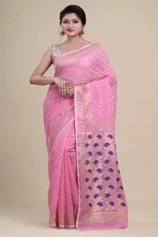 PINK & BLUE  DHAKAI JAMDANI  Hand Woven Cotton silk  Handloom   Saree.