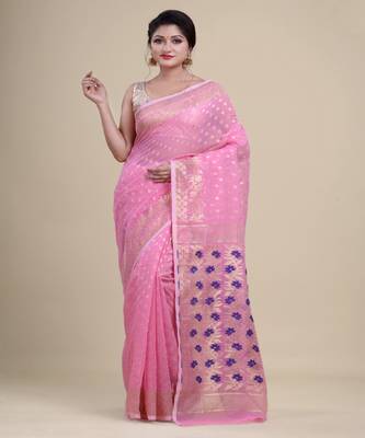 PINK & BLUE  DHAKAI JAMDANI  Hand Woven Cotton silk  Handloom   Saree. 3