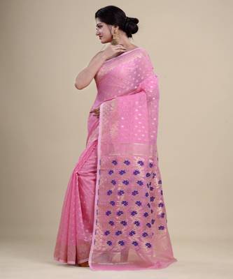 PINK & BLUE  DHAKAI JAMDANI  Hand Woven Cotton silk  Handloom   Saree. 5
