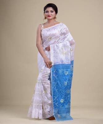 WHITE, BLUE & GOLDEN  DHAKAI JAMDANI  Hand Woven Tant silk  Handloom   Saree. 1