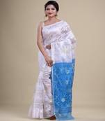 WHITE, BLUE & GOLDEN  DHAKAI JAMDANI  Hand Woven Tant silk  Handloom   Saree.