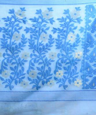 WHITE, BLUE & GOLDEN  DHAKAI JAMDANI  Hand Woven Tant silk  Handloom   Saree. 2